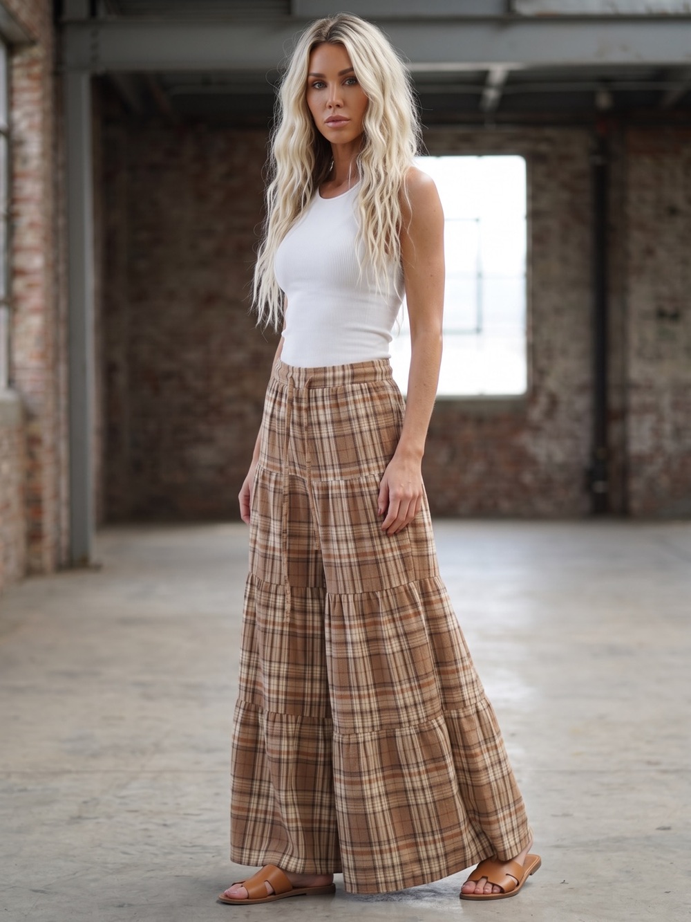 NWT Plaid 90s Wide Leg Tiered Boho Pants Drawstring Waist Tan